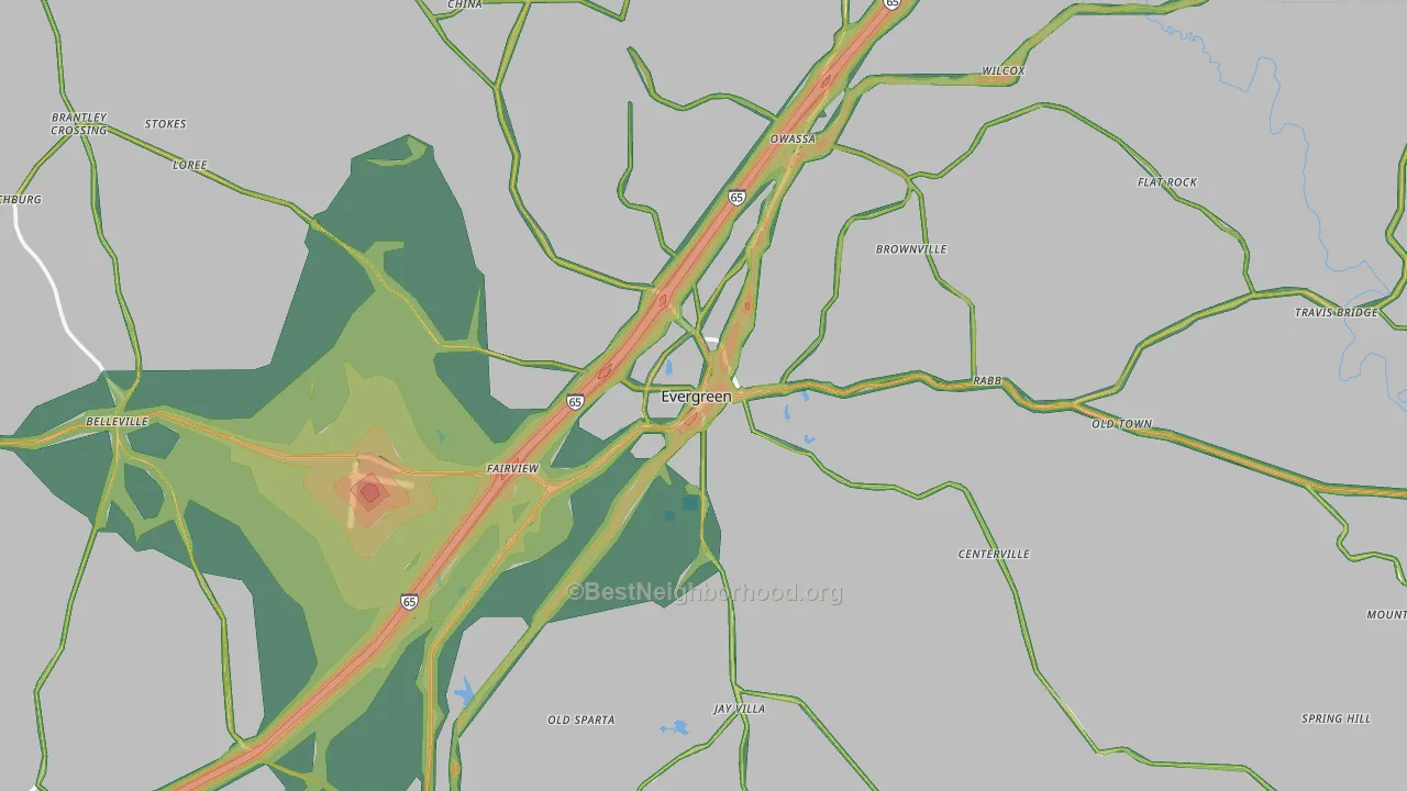 Evergreen, AL Map of Noise Levels in Evergreen