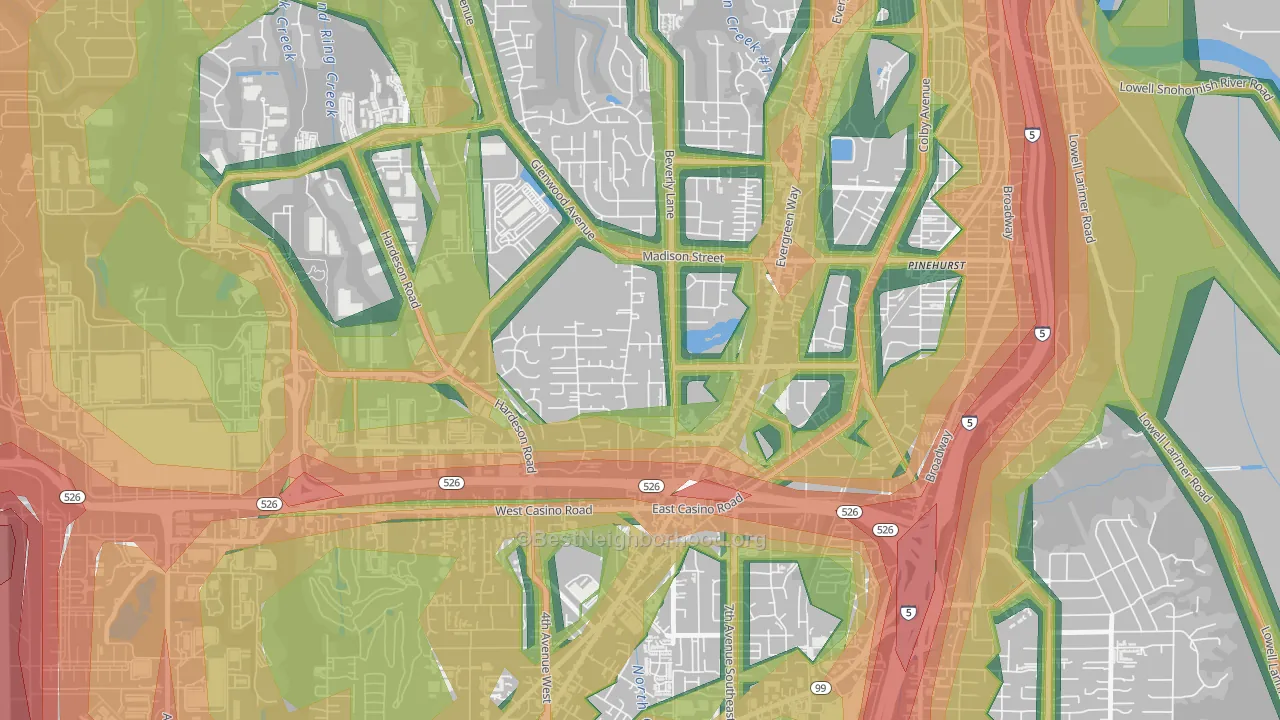 Evergreen, Everett, WA Map of Noise Levels in Evergreen