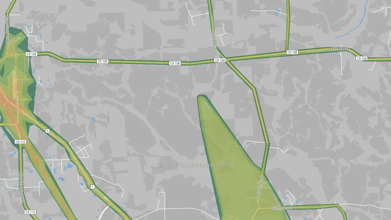 Evergreen, FL Map of Noise Levels in Evergreen