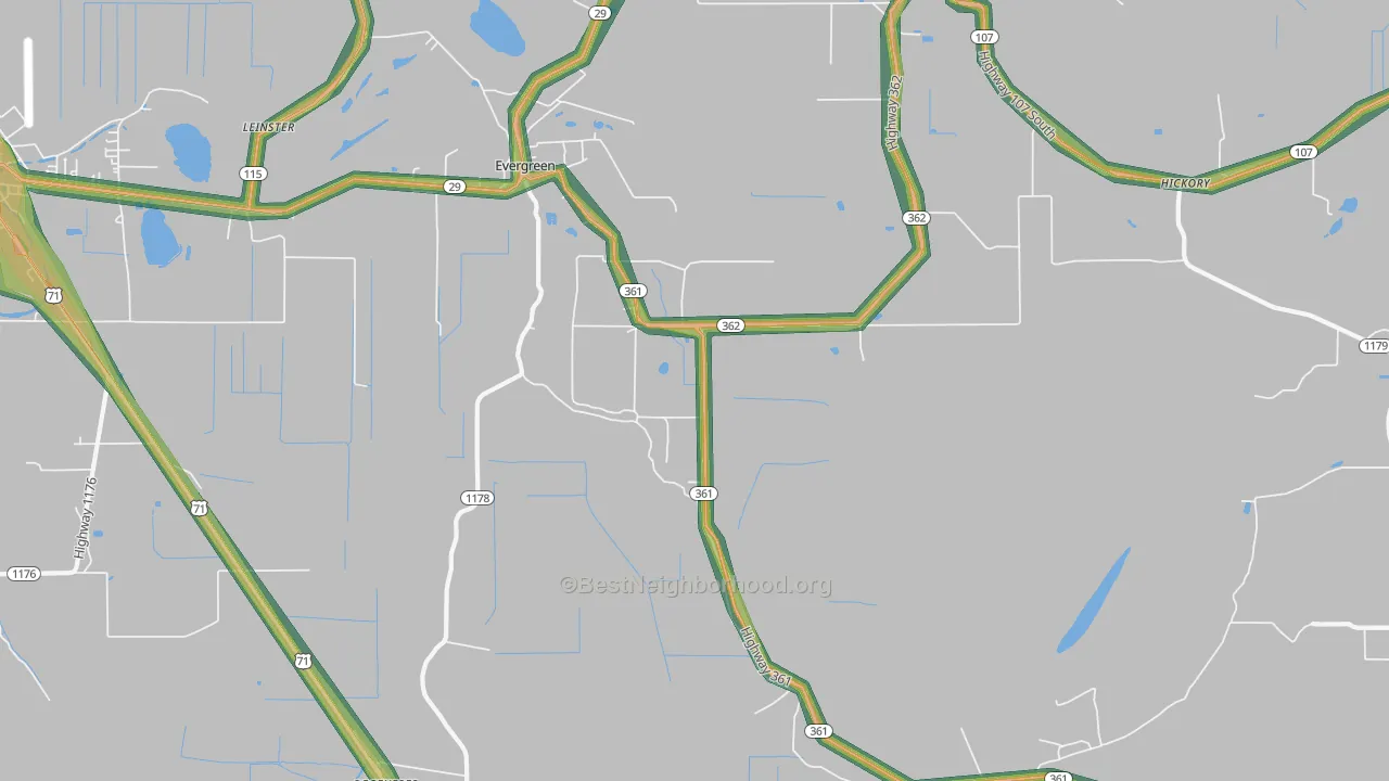 Evergreen, LA Map of Noise Levels in Evergreen
