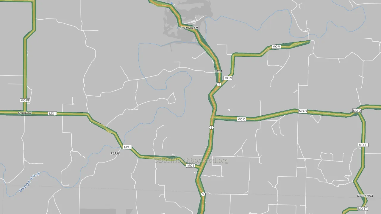 Evergreen, MO Map of Noise Levels in Evergreen