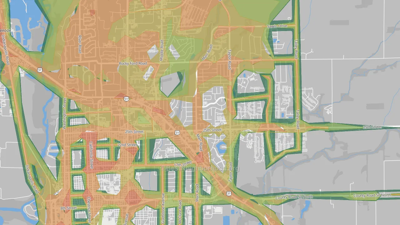 Everroad Park, Columbus, IN Map of Noise Levels in Everroad Park