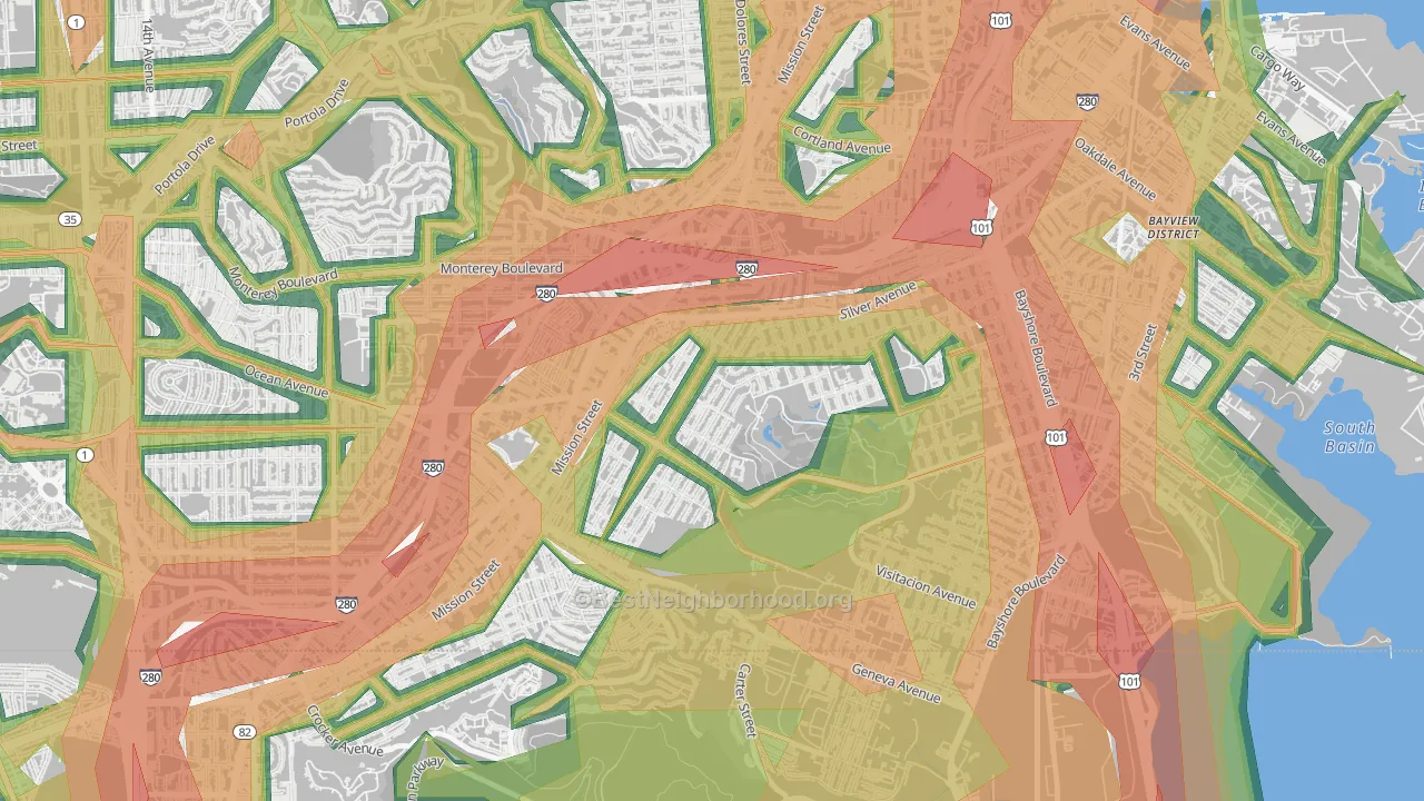 Excelsior, San Francisco, CA Map of Noise Levels in Excelsior