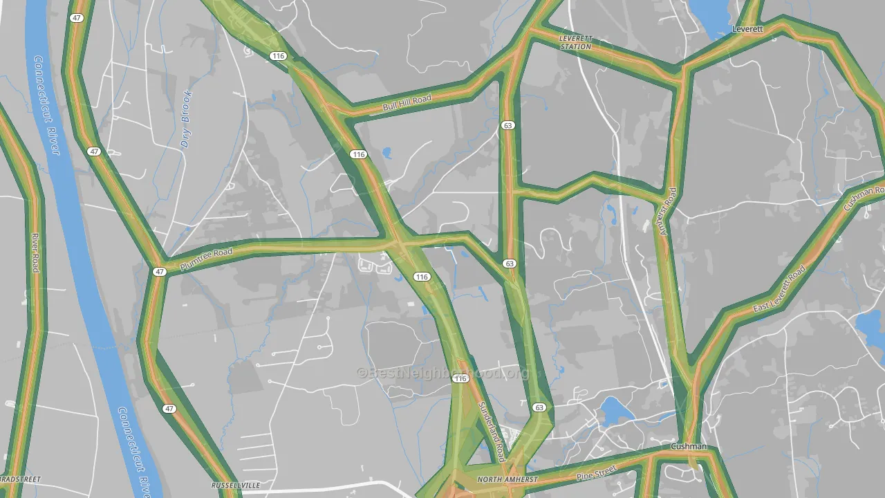 Factory Hollow, MA Map of Noise Levels in Factory Hollow