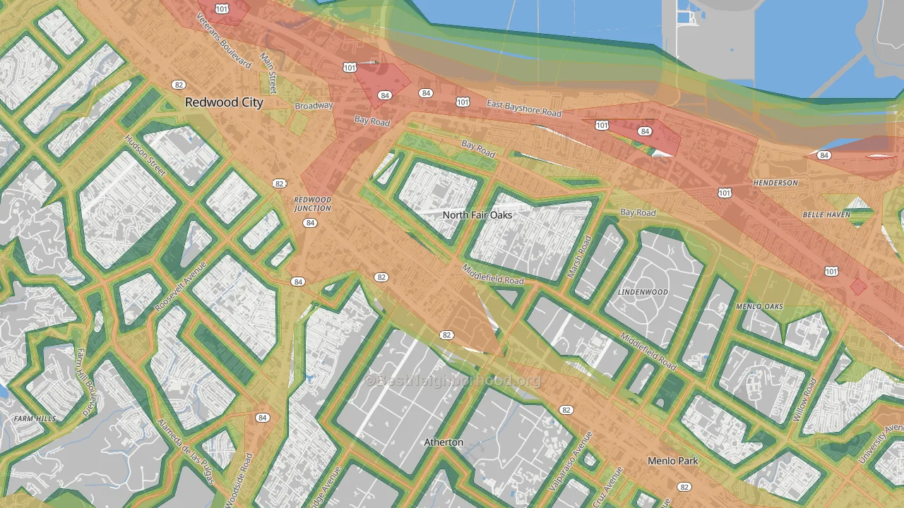 Fair Oaks, North Fair Oaks, CA Map of Noise Levels in Fair Oaks