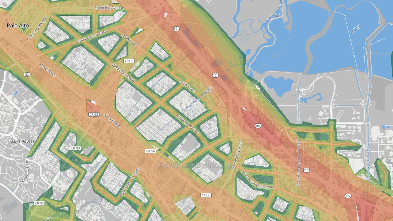 Fairmeadow, Palo Alto, CA Map of Noise Levels in Fairmeadow