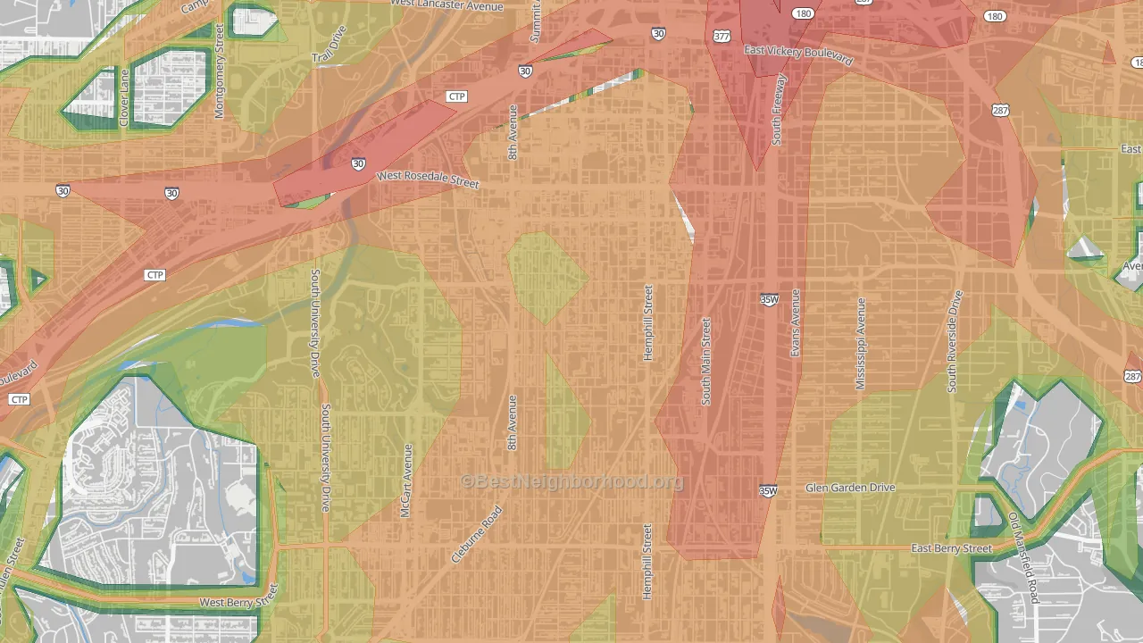 Fairmount, Fort Worth, TX Map of Noise Levels in Fairmount
