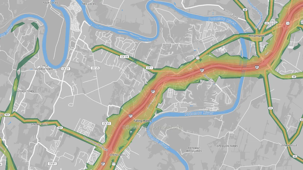 Falling Waters, WV Map of Noise Levels in Falling Waters