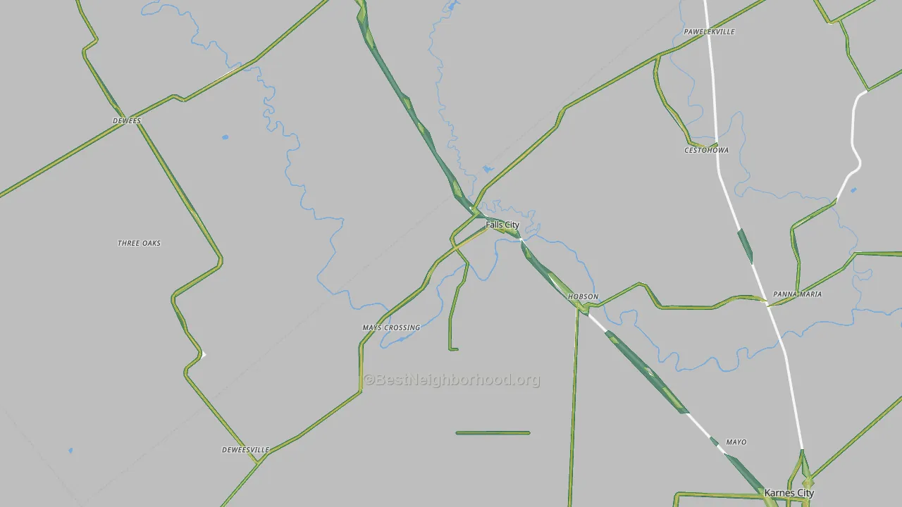Falls City, TX Map of Noise Levels in Falls City