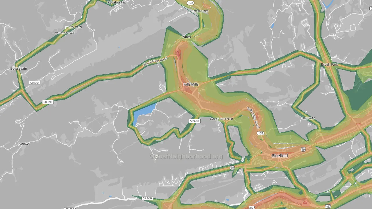 Falls Mills, VA Map of Noise Levels in Falls Mills