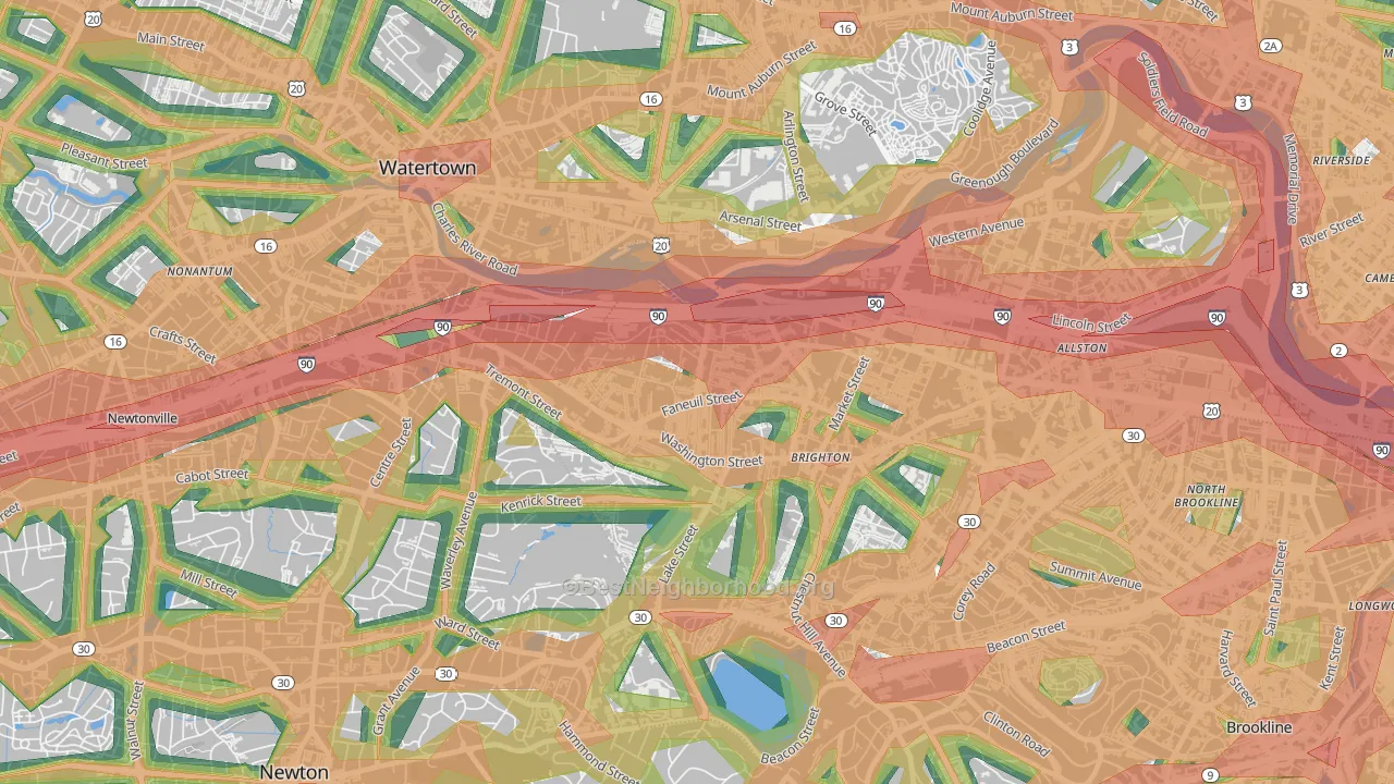 Faneuil, Brighton, MA Map of Noise Levels in Faneuil