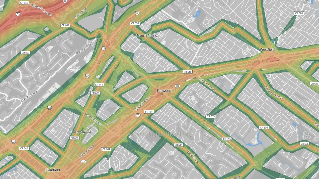 Fanwood, NJ Map of Noise Levels in Fanwood