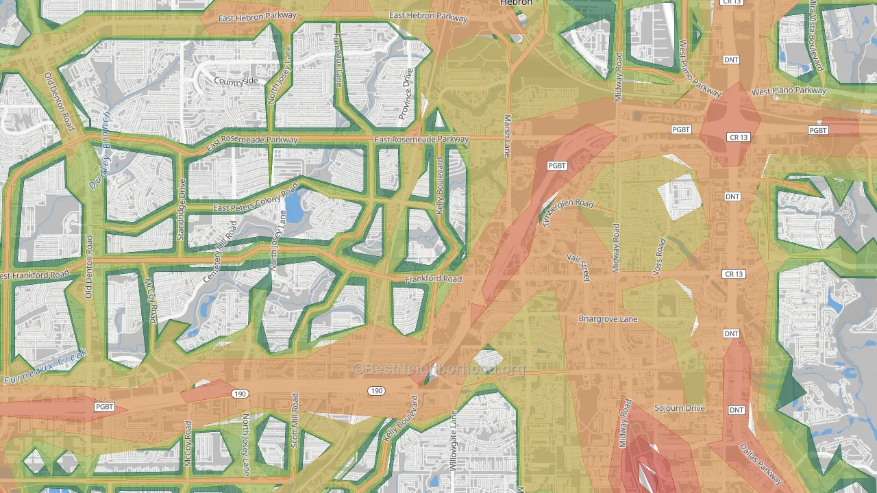 Far North Dallas-Carrollton, Carrollton, TX Map of Noise Levels in Far North Dallas-Carrollton