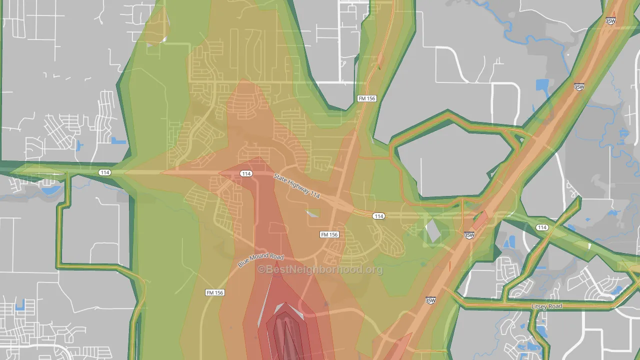 Far North Dallas-Justin, Justin, TX Map of Noise Levels in Far North Dallas-Justin