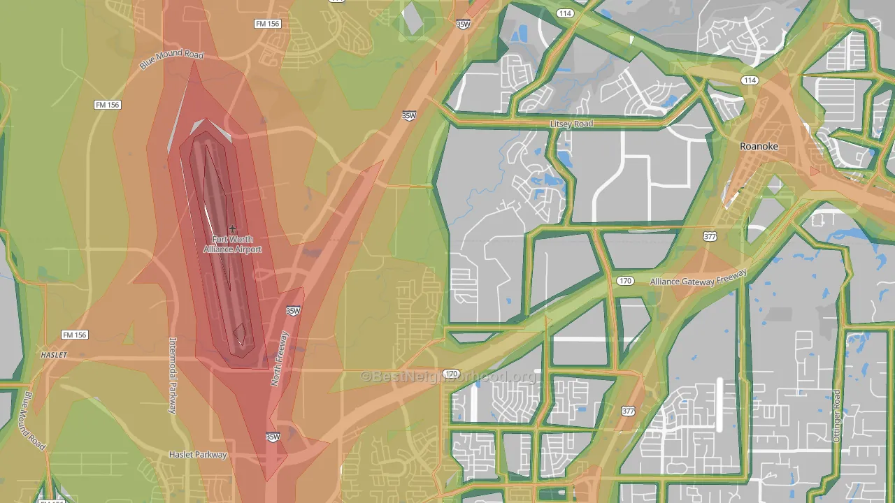 Far North Dallas-Roanoke, Roanoke, TX Map of Noise Levels in Far North Dallas-Roanoke