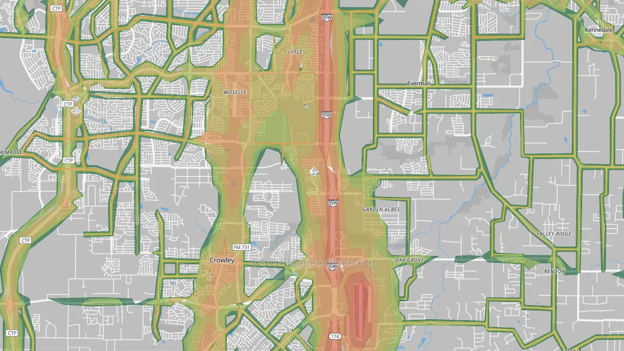 Far South, Fort Worth, TX Map of Noise Levels in Far South