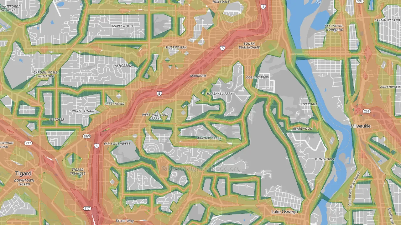 Far Southwest, Portland, OR Map of Noise Levels in Far Southwest