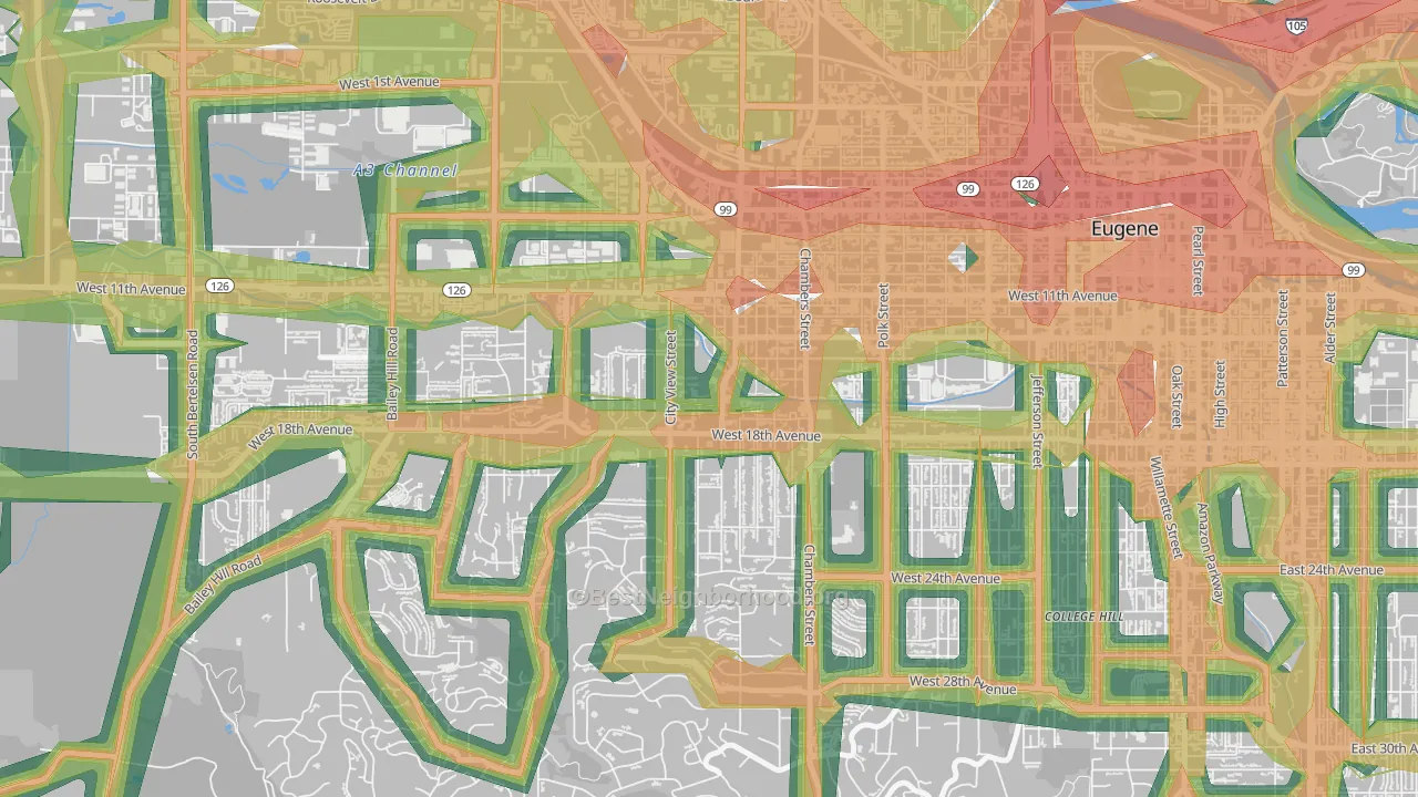 Far West Eugene, Eugene, OR Map of Noise Levels in Far West Eugene