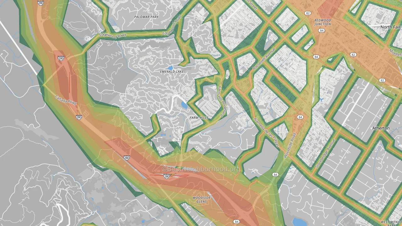 Farm Hills, Redwood City, CA Map of Noise Levels in Farm Hills