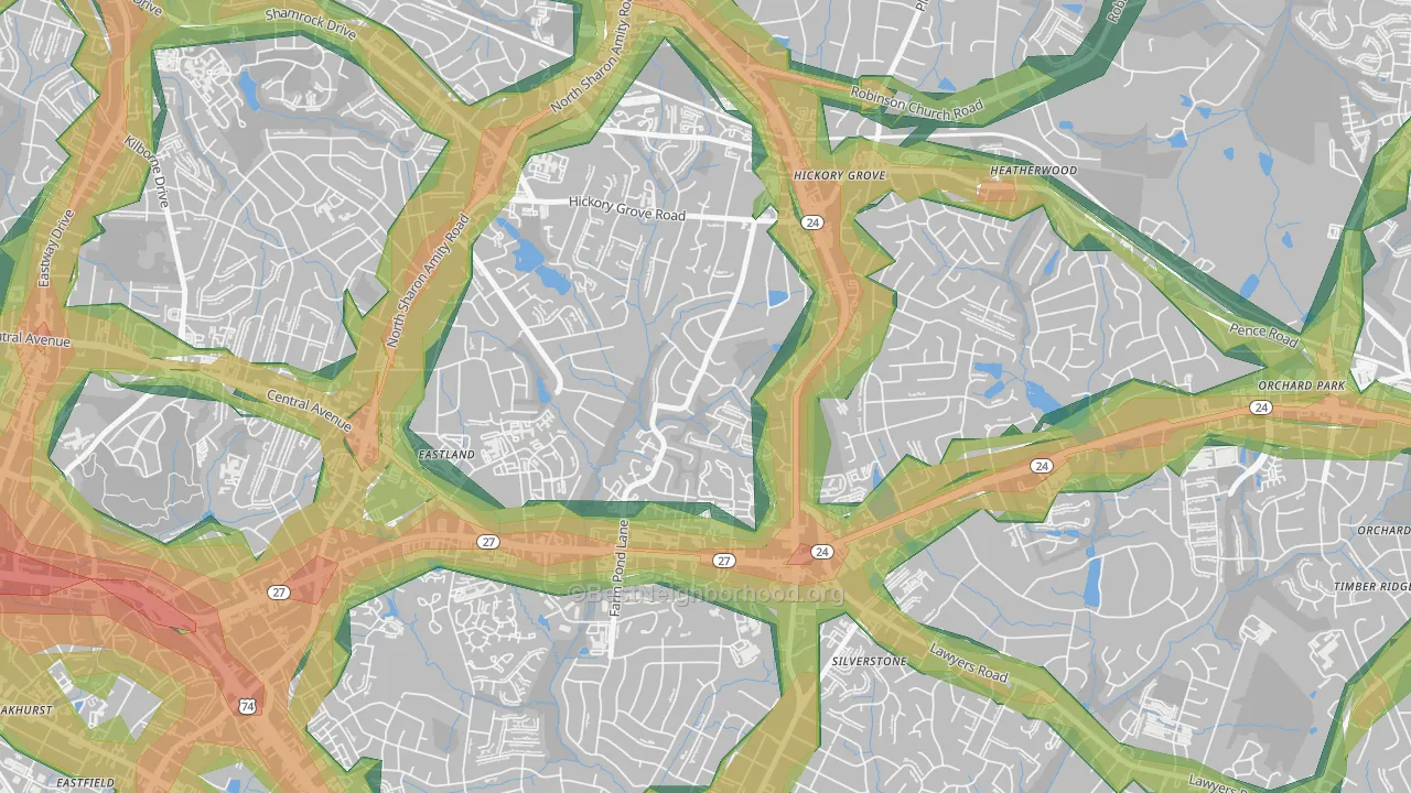 Farm Pond, Charlotte, NC Map of Noise Levels in Farm Pond