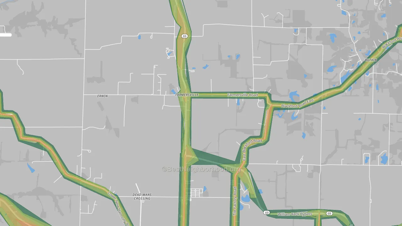 Farmersville, IN Map of Noise Levels in Farmersville