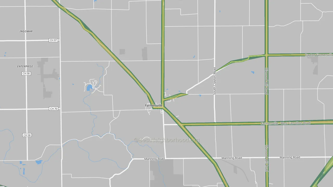 Farmersville, OH Map of Noise Levels in Farmersville