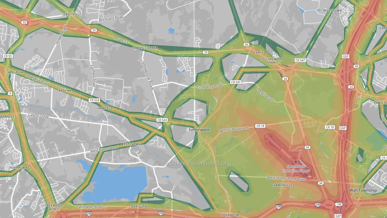 Farmingdale, NJ Map of Noise Levels in Farmingdale