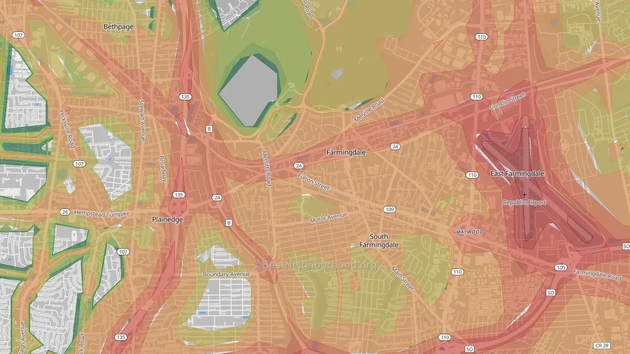 Farmingdale, NY Map of Noise Levels in Farmingdale