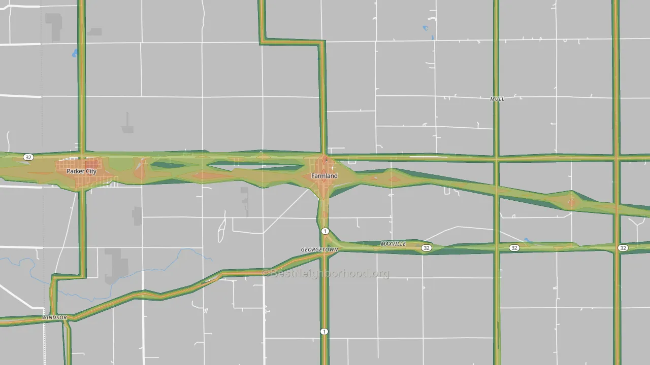 Farmland, IN Map of Noise Levels in Farmland