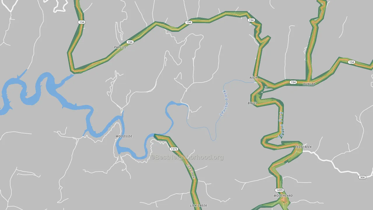 Fedscreek, KY Map of Noise Levels in Fedscreek