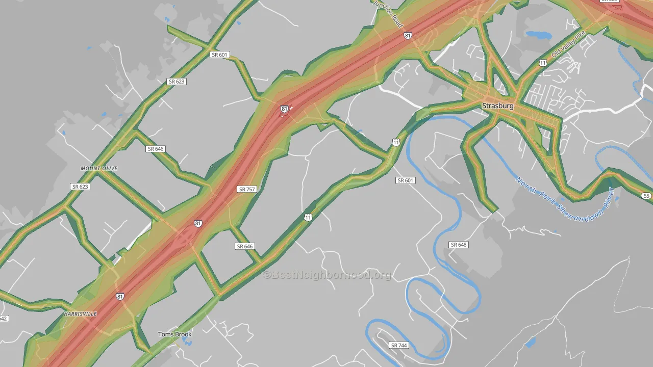 Fishers Hill, VA Map of Noise Levels in Fishers Hill