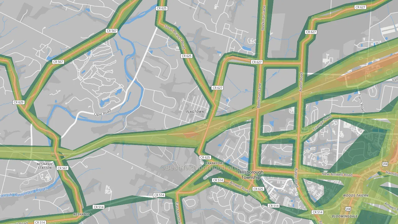 Flagtown, NJ Map of Noise Levels in Flagtown