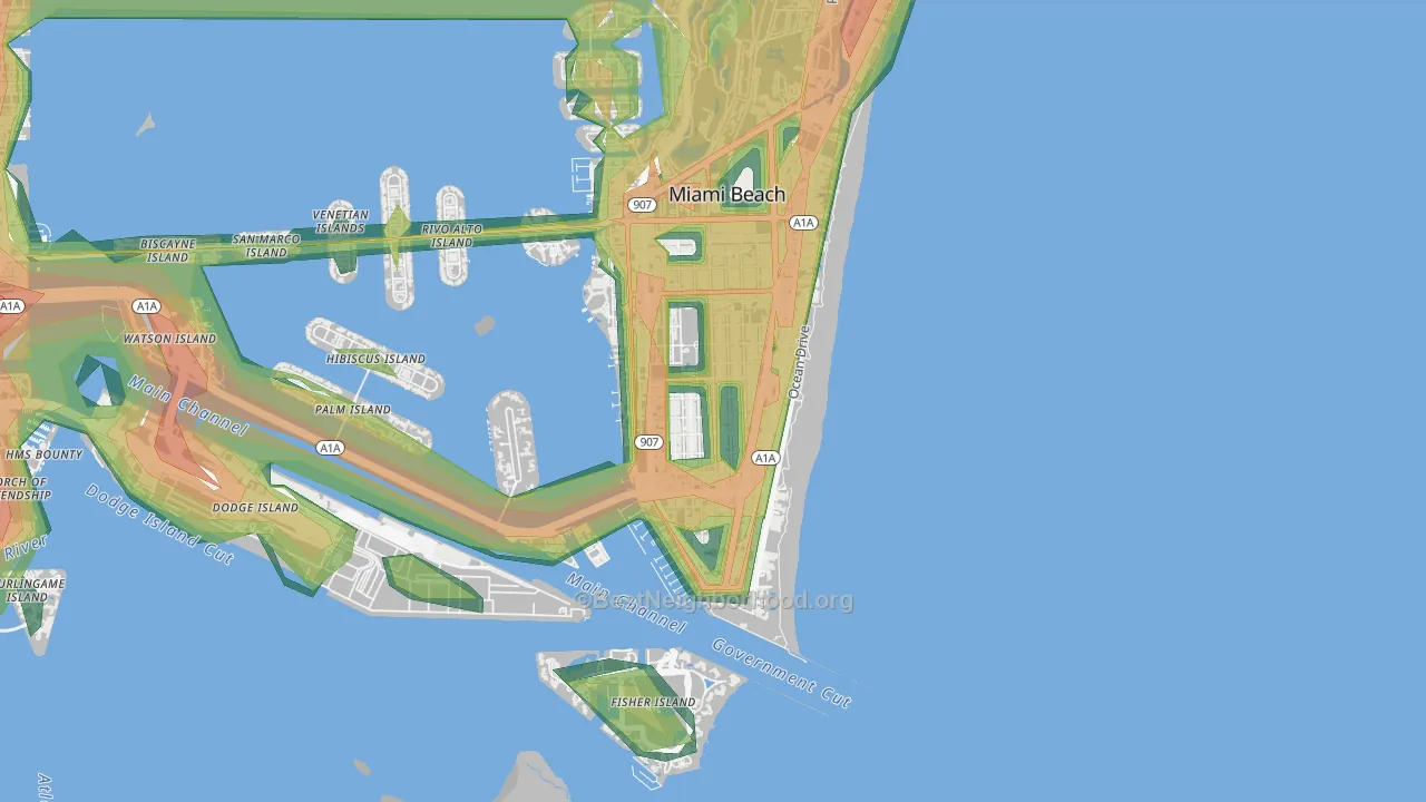 Flamingo-Lummus, Miami Beach, FL Map of Noise Levels in Flamingo-Lummus