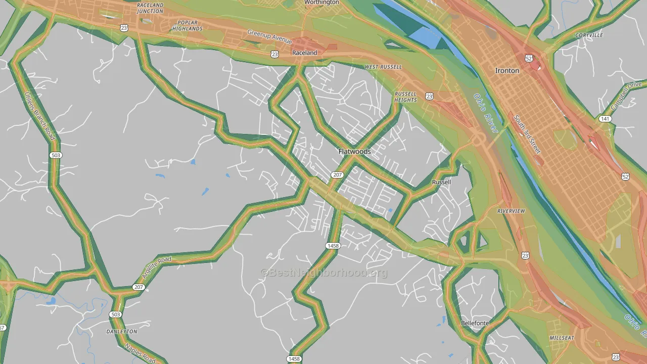 Flatwoods, KY Map of Noise Levels in Flatwoods