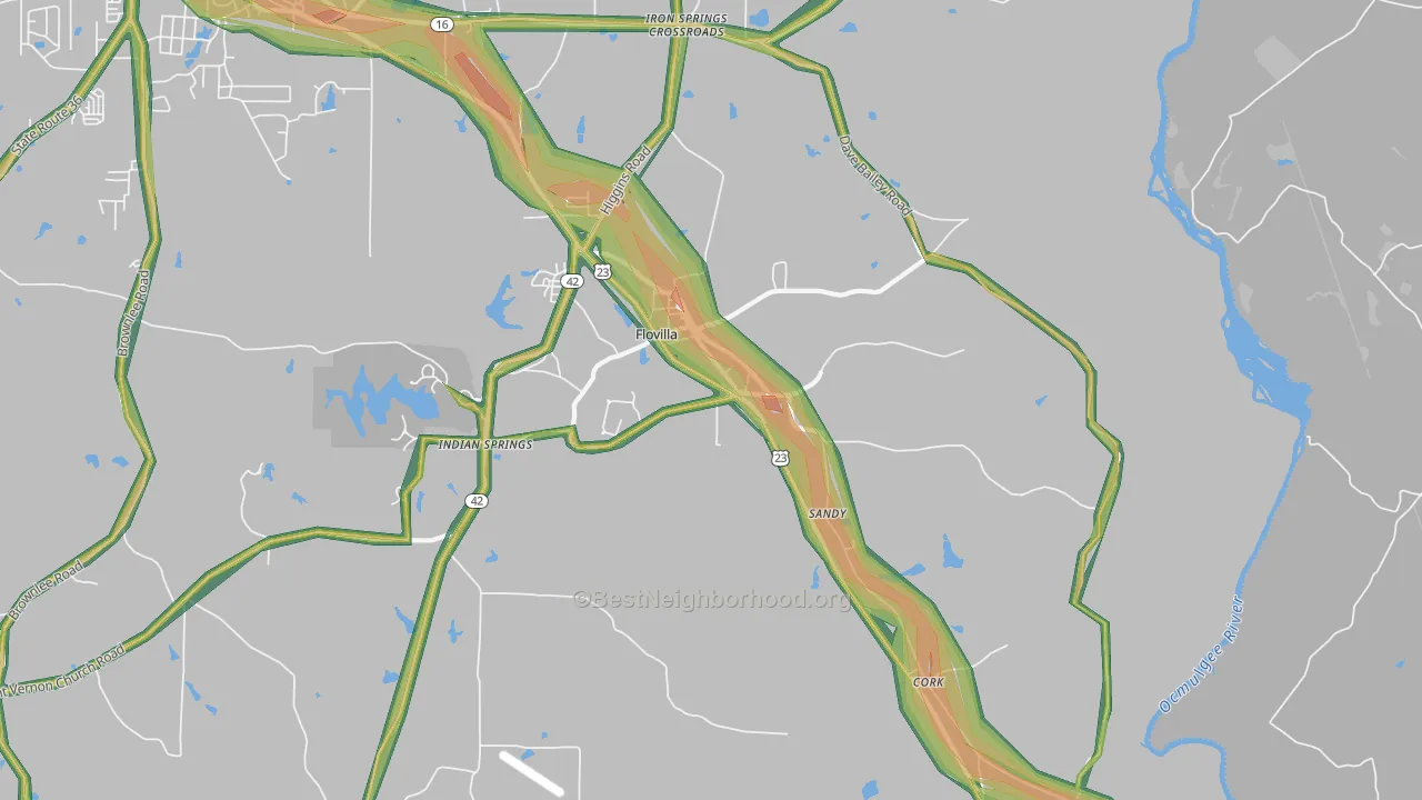 Flovilla, GA Map of Noise Levels in Flovilla