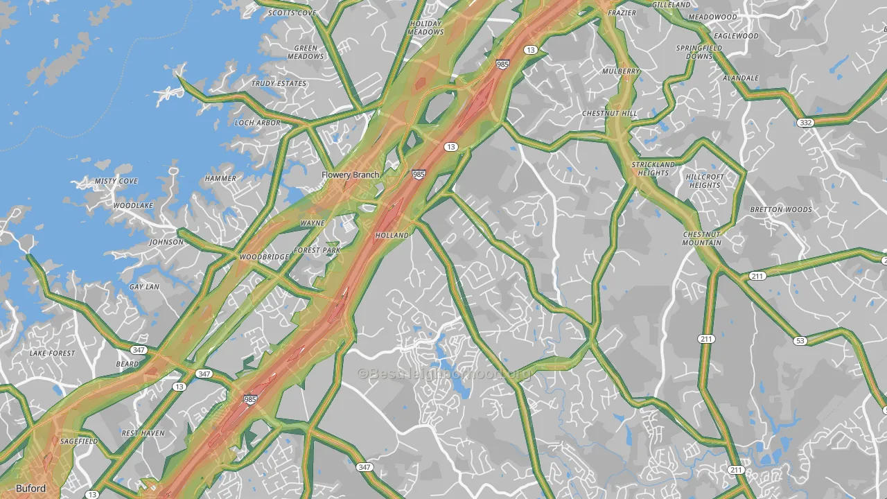 Flowery Branch, GA Map of Noise Levels in Flowery Branch