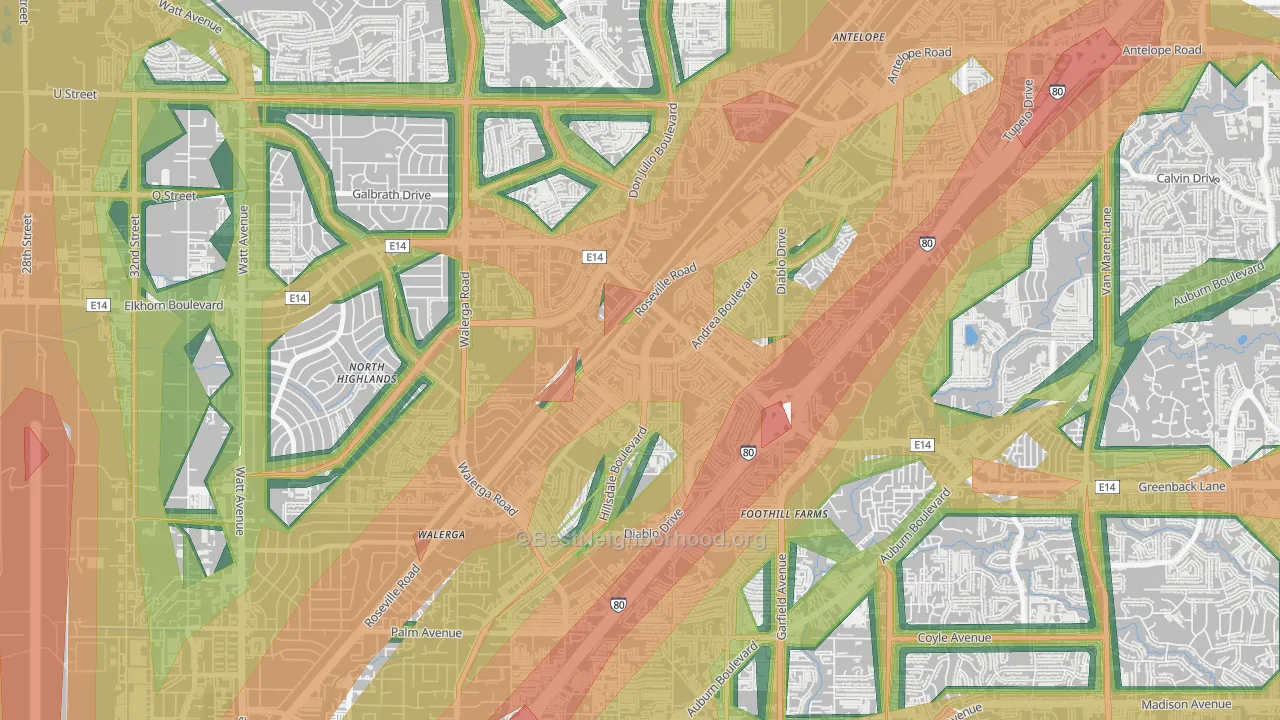 Foothill Farms, CA Map of Noise Levels in Foothill Farms