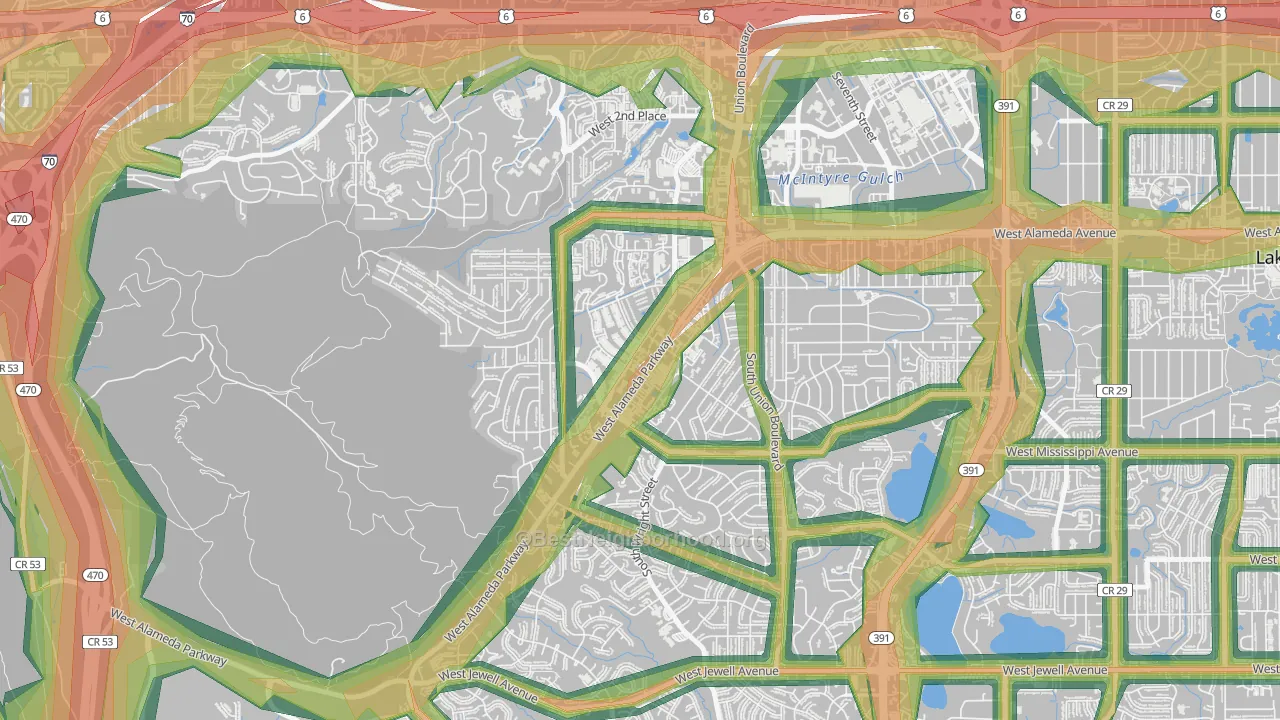 Foothills, Lakewood, CO Map of Noise Levels in Foothills
