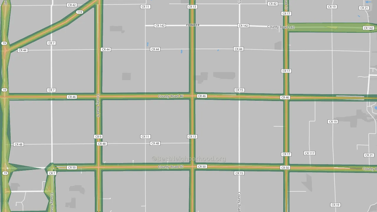 Foraker, IN Map of Noise Levels in Foraker