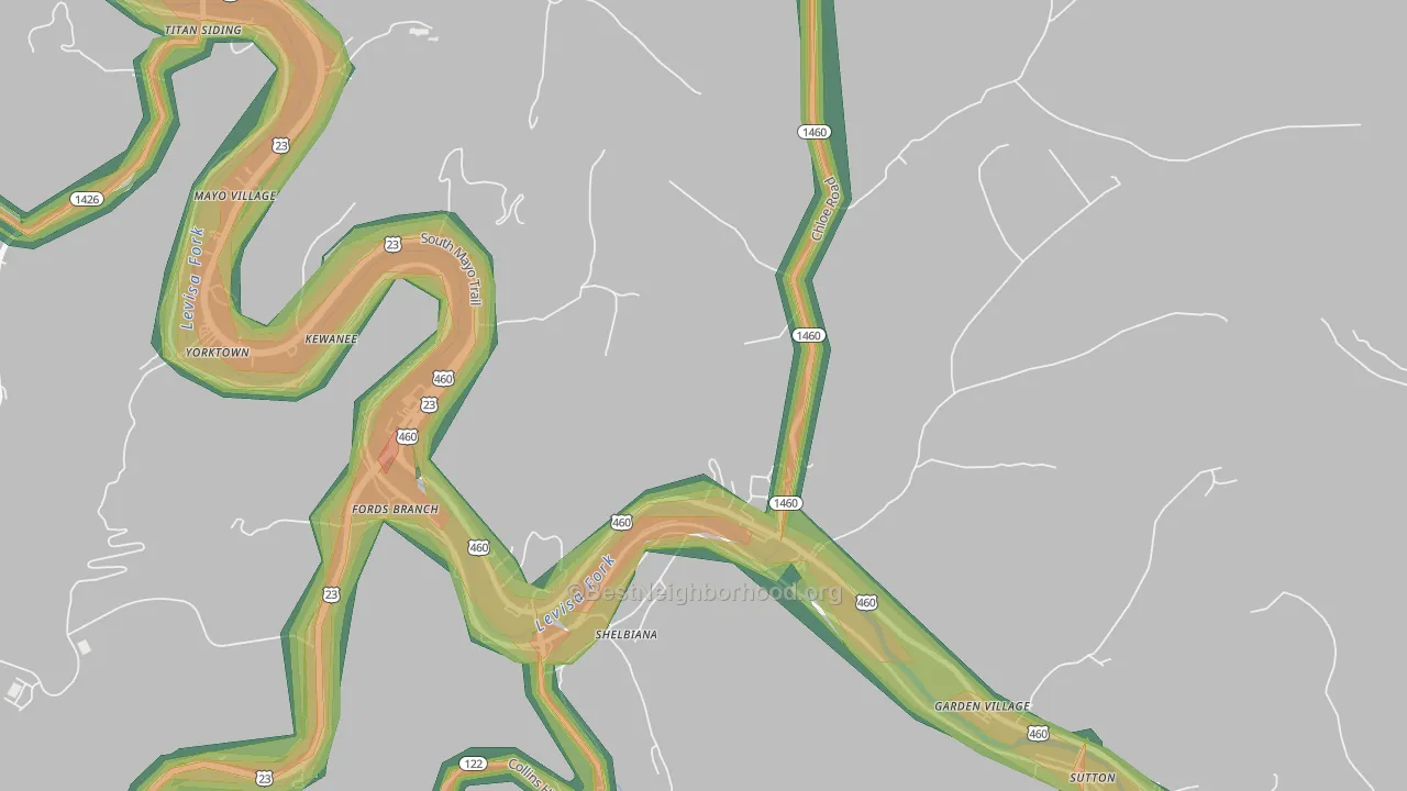 Fords Branch, KY Map of Noise Levels in Fords Branch