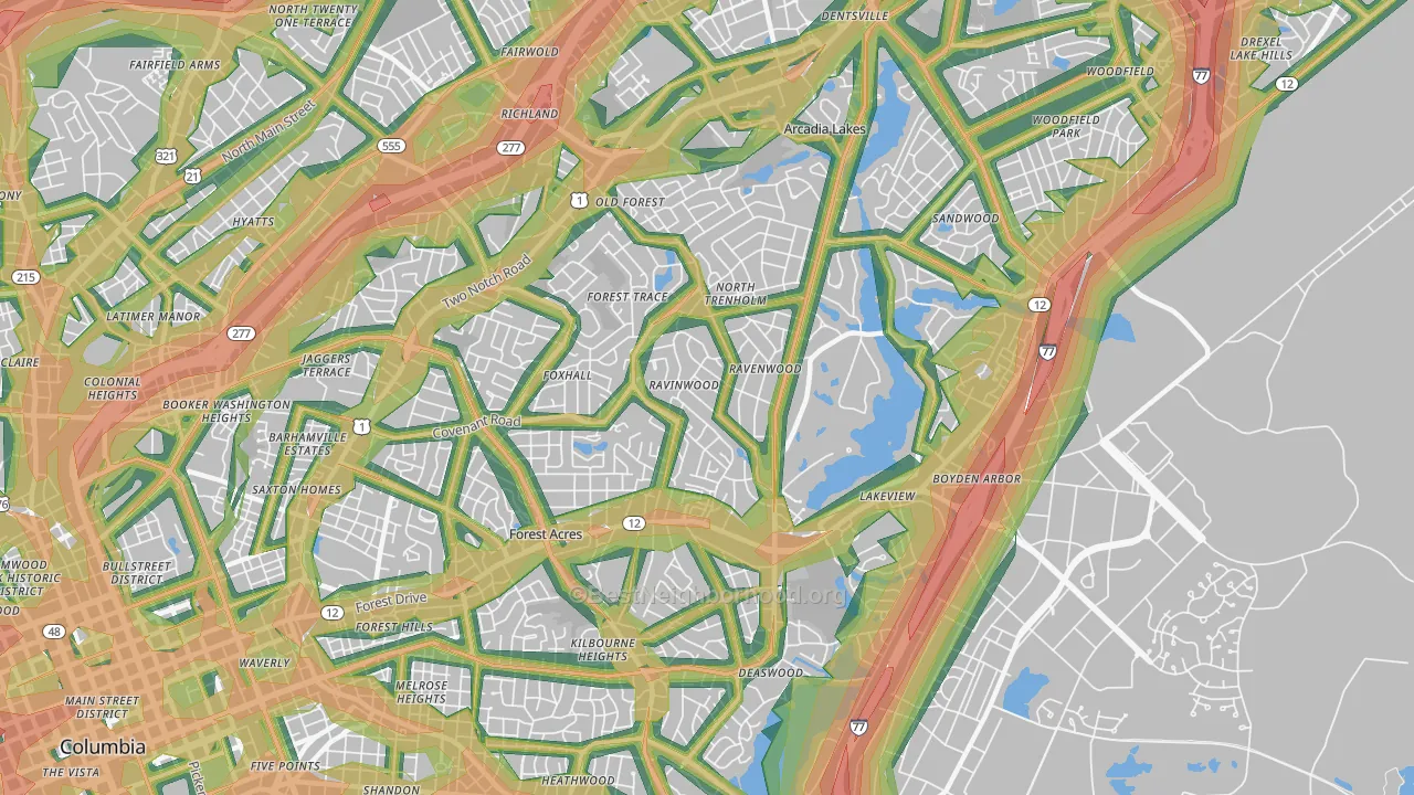 Forest Acres, SC Map of Noise Levels in Forest Acres