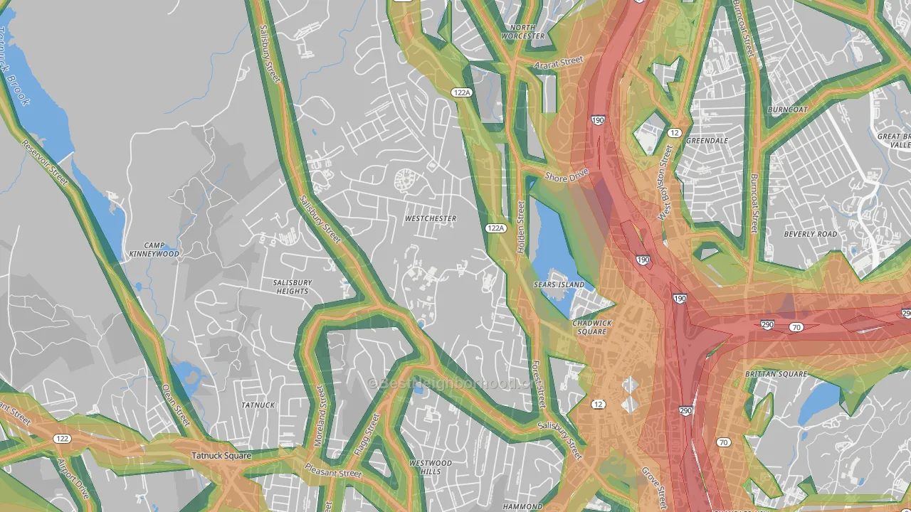 Forest Grove, Worcester, MA Map of Noise Levels in Forest Grove