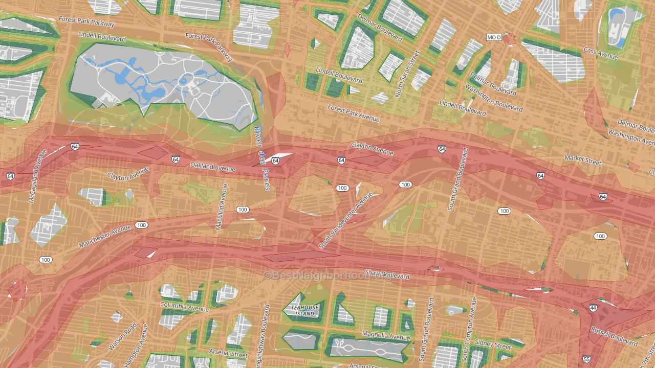 Forest Park Southeast, St. Louis, MO Map of Noise Levels in Forest Park Southeast