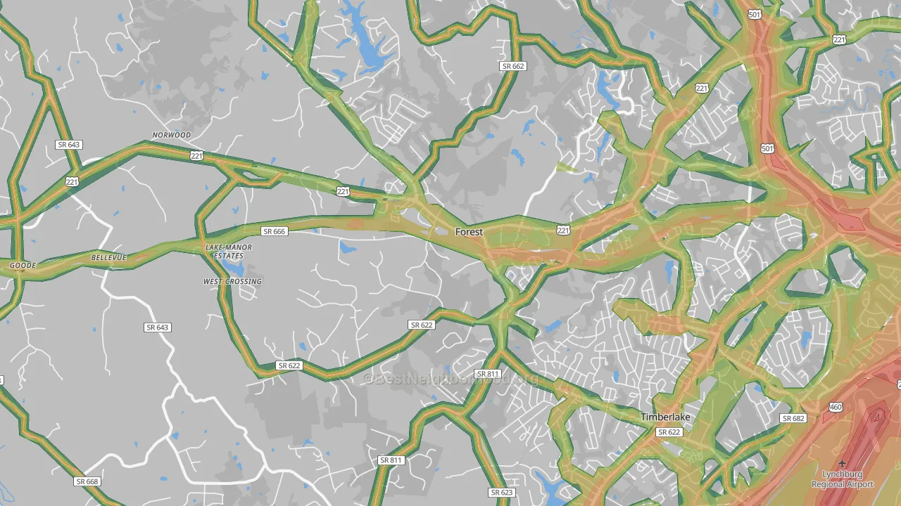 Forest, VA Map of Noise Levels in Forest