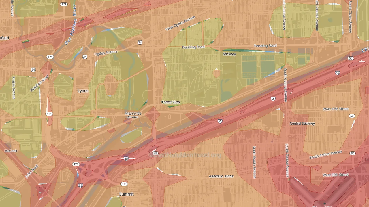 Forest View, IL Map of Noise Levels in Forest View