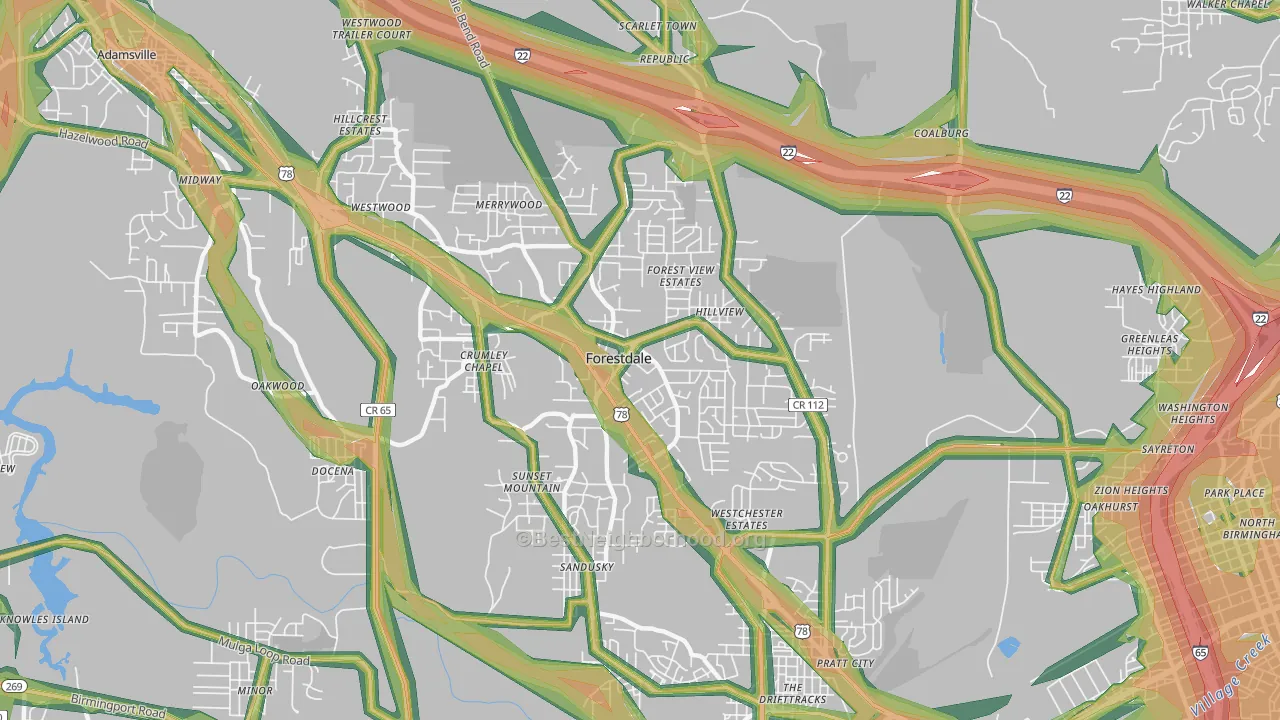 Forestdale, AL Map of Noise Levels in Forestdale