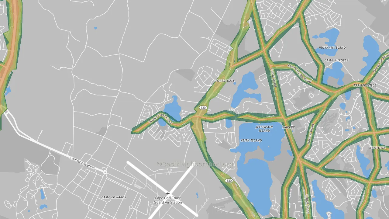 Forestdale, MA Map of Noise Levels in Forestdale