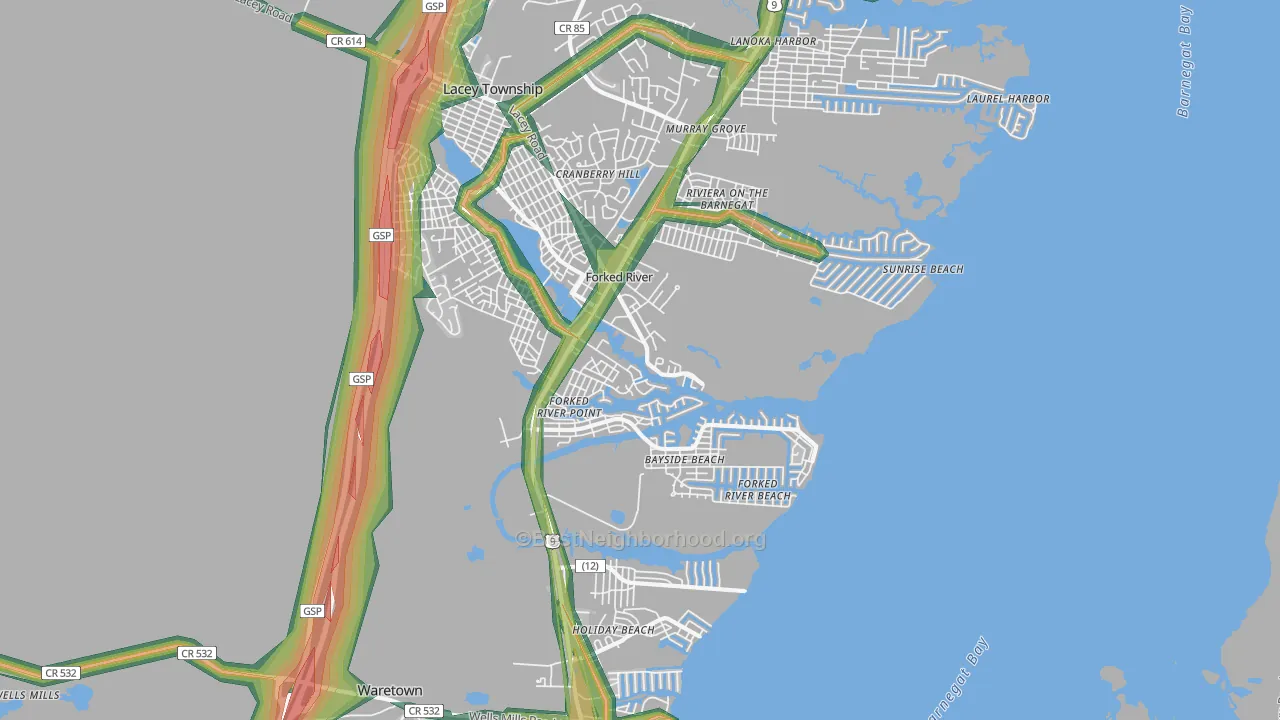 Forked River Beach, NJ Map of Noise Levels in Forked River Beach