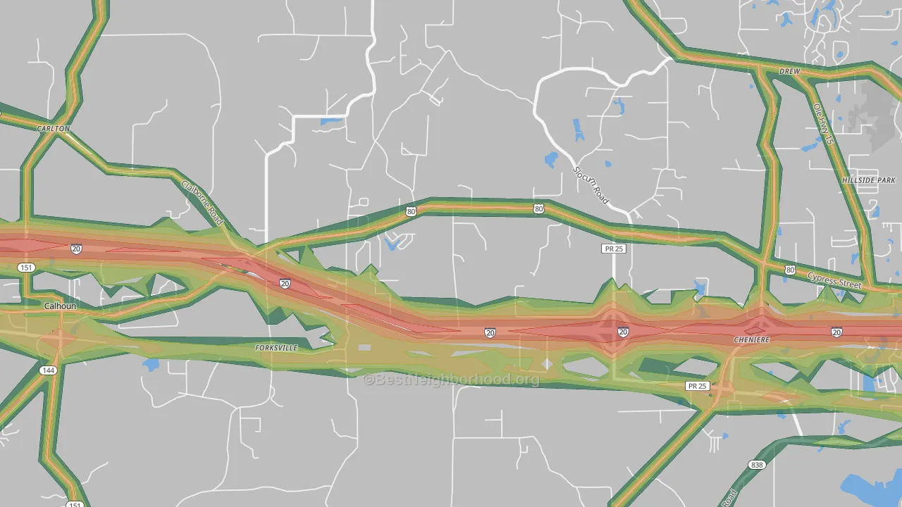 Forksville, LA Map of Noise Levels in Forksville