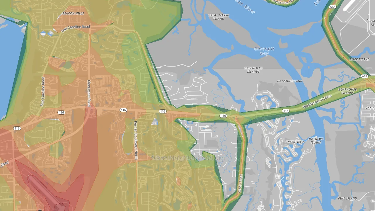 Fort Caroline Shores, Jacksonville, FL Map of Noise Levels in Fort Caroline Shores